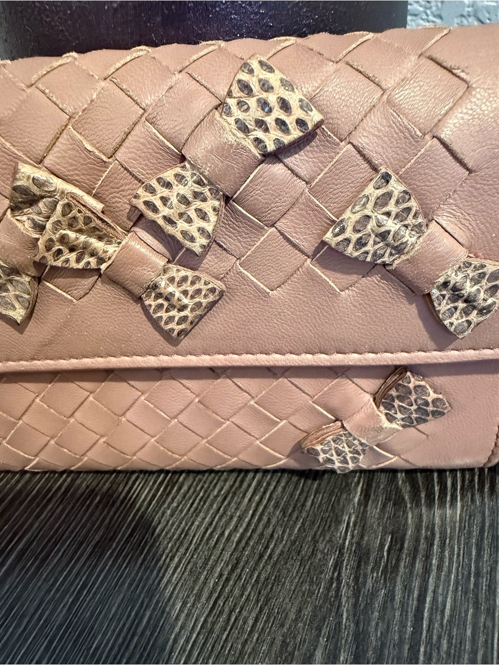 Botega Venetta exclusive made in Italy, woven leather and python bows.